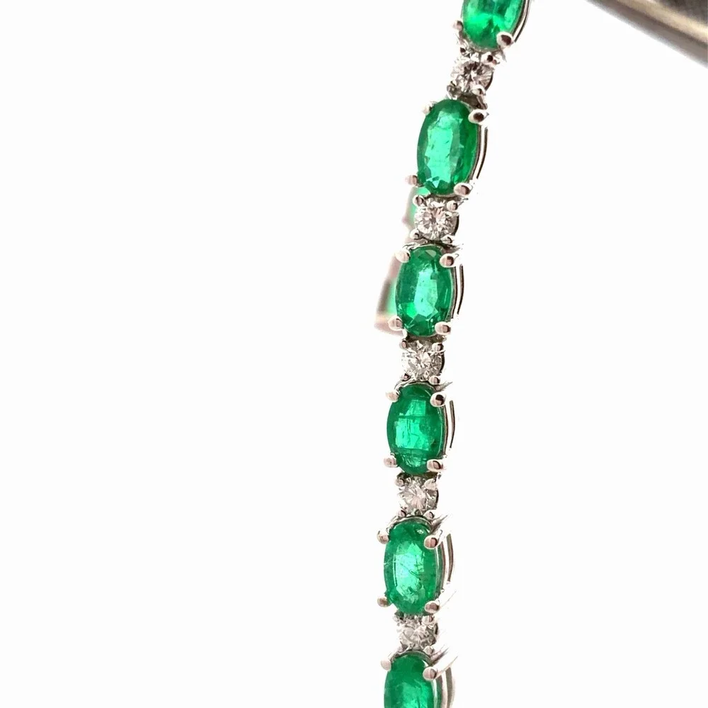 Estate 14K White Gold Oval Emerald Round Diamond Statement Tennis Bracelet